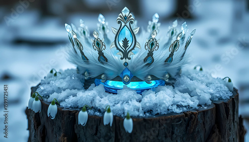 A crown made of frost-bitten feathers and glacial quartz sits upon a stump ringed by snowdrops. Blue light glows faintly from within the ice. 8K, frozen elegance, crystal textures.