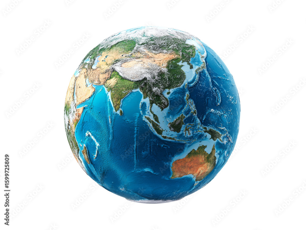 Fototapeta premium Detailed 3d render of earth showing asia and australia, Isolated On Transparent Background, Png
