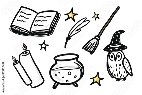 Magical Collection: A whimsical collection of a book, a cauldron, a broom and an owl invites the imagination to explore the realms of wizardry and enchantment.