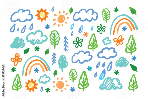 Joyful Weather Doodle: A vibrant, childlike doodle illustration featuring a whimsical array of weather elements, capturing the essence of cheerful outdoor scenes.