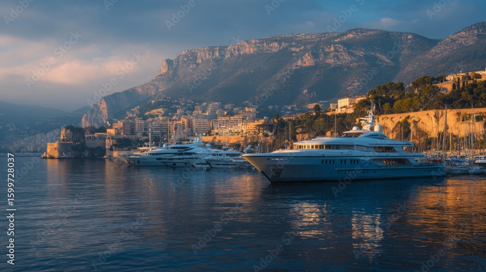 Naklejka premium Luxury yachts docked at a serene harbor in Monte Carlo during the golden hour of sunset with dramatic surrounding cliffs