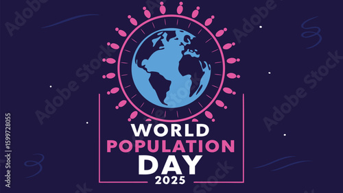 World Population Day 2025 Illustration: A vibrant illustration commemorating World Population Day, featuring a stylized world map encircled by figures.