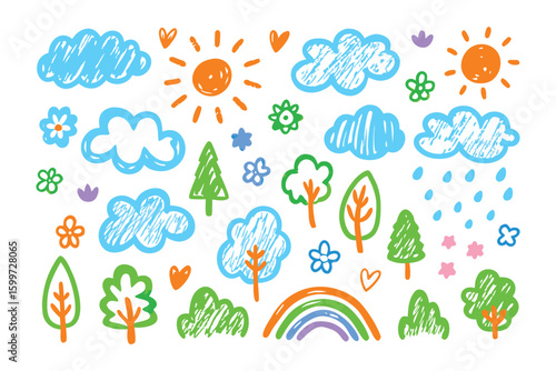 Hand-drawn Nature Elements: A collection of whimsical hand-drawn illustrations depicting sunny days, blooming flowers, verdant trees, fluffy clouds, and a vibrant rainbow.