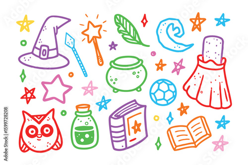 Magic doodles: A whimsical collection of colorful magical illustrations, from a witch's hat to a bubbling potion, ready to whisk viewers away to a world of enchantment.