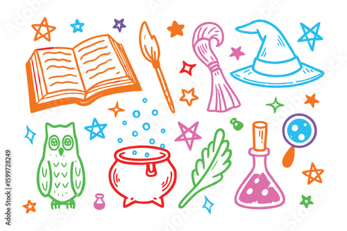 Magical Essentials: A vibrant illustration showcases essential objects of magic, evoking a sense of wonder and enchantment. A visual feast for those who love wizardry and storytelling