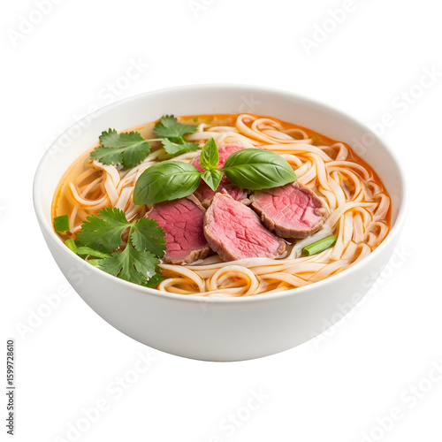 Delicious Beef Noodle Soup in a White Bowl.