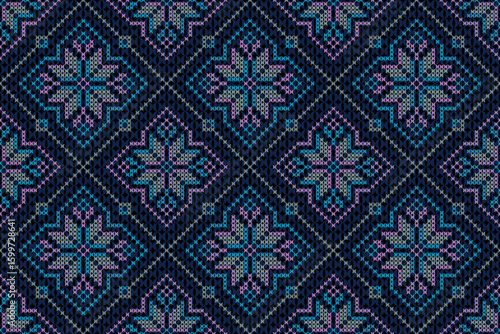 Ethnic Floral Cross-Stitch Pattern in Navy and Pastel Tones