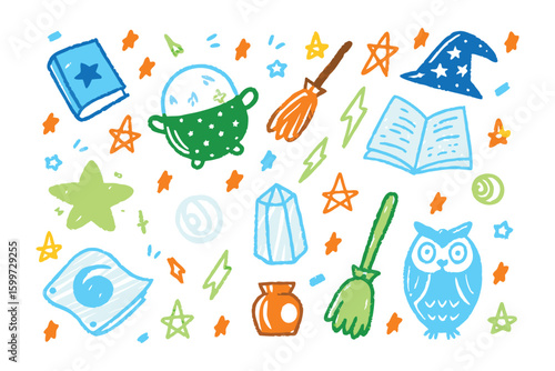 Whimsical Witchcraft Doodle: A vibrant, hand-drawn collection of mystical symbols. Depicting the mystical charm, evoking a sense of enchantment and imaginative expression.