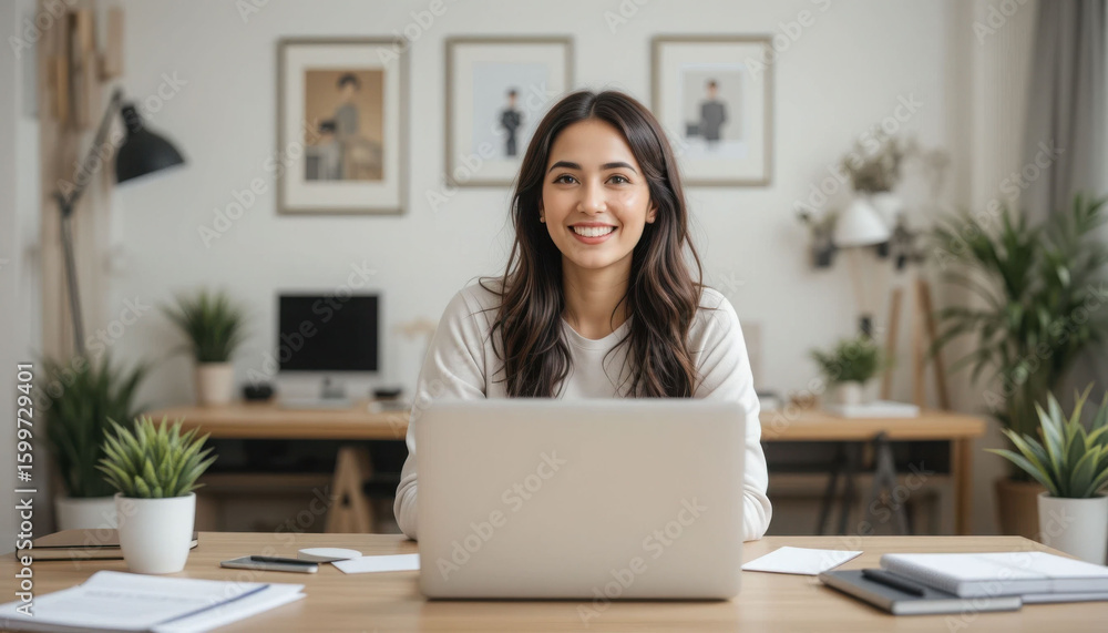 Young Woman Working at Modern Desk Young Woman Working at Modern Desk