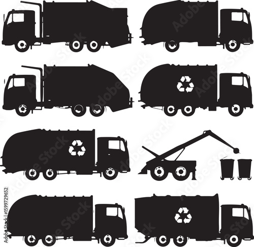 Black silhouettes of various trucks garbage truck recycling truck