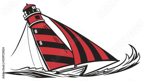 Red and black lighthouse and sailboat vector graphic for nautical themed designs and seaside illustrations
