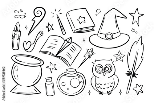 Magical Clutter: An illustrative collection of magical elements including a hat, book, wand, star, owl and more.