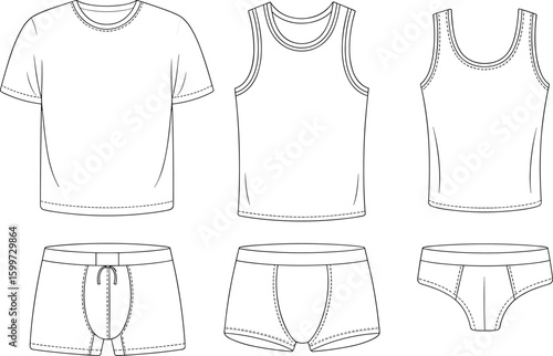 Flat sketch of men’s innerwear set including briefs, trunks, boxers, tank tops, and crew neck tee, vector fashion design