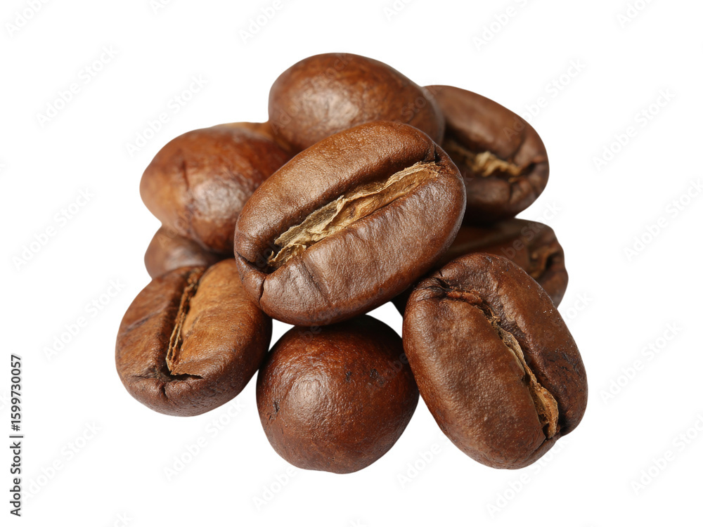 Fototapeta premium Aromatic roasted coffee beans close up dark background, Isolated On Transparent Background, Png
