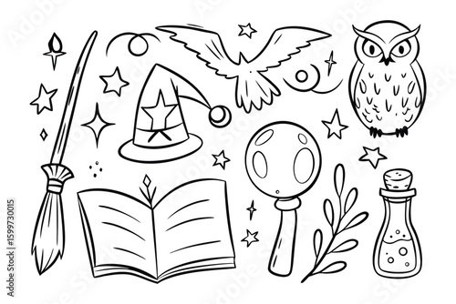 Magic Collection: A whimsical collection of magic-themed illustrations, including a wizard's hat, wand, stars, broom, and a wise owl, creating an enchanting visual narrative.