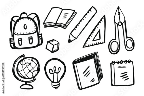 School Supplies: A captivating illustration of essential school supplies. This sketch-style artwork includes items crucial for a students educational journey. The image embodies learning, education.