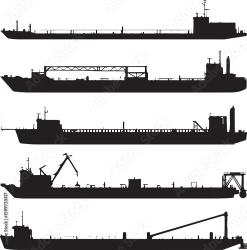 Cargo ships and barges silhouettes vessel maritime