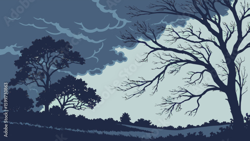 Moody nature landscape drawing of bare trees and stormy clouds in dark blue and light blue color palette