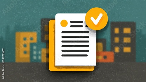 Business document with checkmark icon, symbolizing quality assurance, verification workflow, compliance control, and corporate document approval in business processes.
