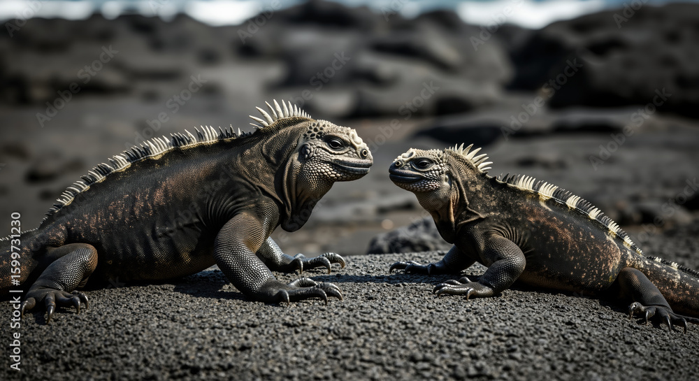 Obraz premium Two marine iguanas facing each other on dark volcanic rock surface. Reptile social interaction and territorial behavior. Galapagos wildlife and island ecosystem study