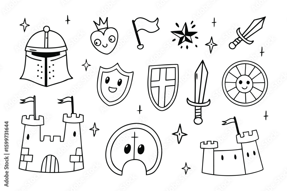 Fototapeta premium Adorable Knightly Doodle Set: Charming hand-drawn illustration showcasing various elements of the knightly world, perfect for creative projects.