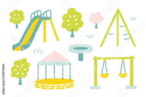 Playground Paradise: A whimsical illustration of a vibrant playground filled with colorful play equipment. 