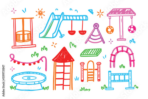 Playground Dreams in Color: A vibrant array of illustrated playground equipment, painted with vivid colors. Capturing the imagination with this fun play areas in this digital artwork.