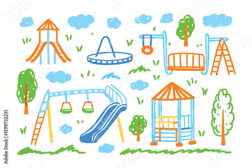 Joyful Playground: A colorful collection of playground equipment, inviting children to a world of fun. This illustration captures the essence of childhood play and outdoor recreation. 
