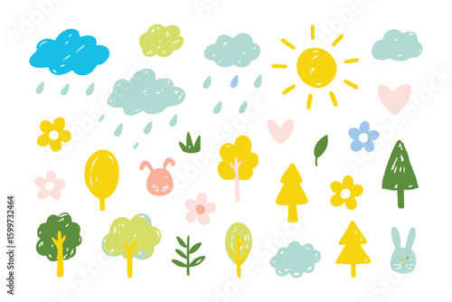 Sunshine and Smiles: Charming cartoon illustration of a cheerful sun, fluffy clouds, playful rain, and a variety of whimsical flora and fauna, evoking a sense of innocent joy and playfulness.