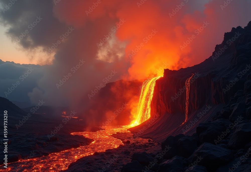 Fototapeta premium fiery lava flow glowing dark volcanic rock dramatic eruption landscape unleashing raw power, fire, magma, night, stream, explosion, formation, geology