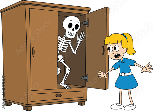 Startled girl discovers a skeleton in the closet, cartoon illustration of a surprising and spooky Halloween or mystery scene.