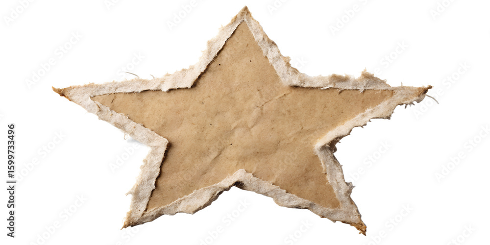 Fototapeta premium A torn and weathered cardboard star shape is isolated on a clean transparent background creating a vintage