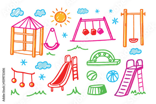 Playground Playground: Delightful hand-drawn illustration of playground elements, capturing the whimsical essence of childhood, fun, and outdoor play.