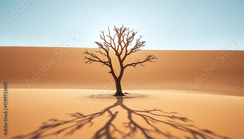 Solitary dead tree casts long shadow across vast desert landscape