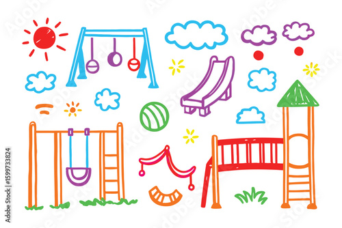 Playground Fun: A vibrant, hand-drawn illustration showcases the joyous essence of a playground, featuring swings, slides, climbing frames, and the simple pleasures of a sunny day.