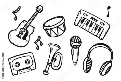 Music Harmony Illustration: A collection of diverse musical instruments and musical note, each rendered in a beautiful illustration.
