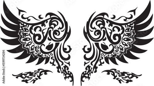 Eagle tribal tattoo design with floral and ornamental patterns in black silhouette style