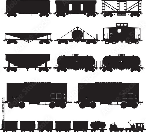 Diverse train cars and engine silhouettes railcar freight car