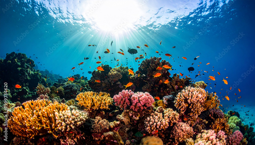 Obraz premium Underwater Oasis: Dive into a vibrant underwater scene, alive with a coral reef, teeming with marine life and bathed in the sunlight's glow, a testament to nature's artistry.