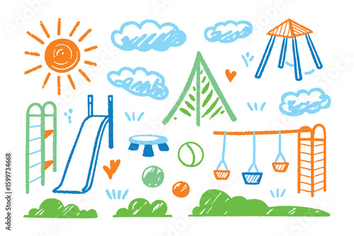 Playground Drawing: A whimsical, hand-drawn illustration captures the essence of a playground with vibrant colors and playful designs. Perfect for conveying childhood joy, imagination.