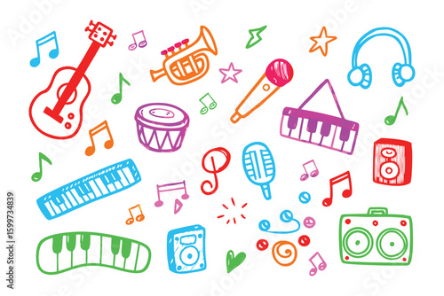 Melodic Symphony: A vibrant array of musical instruments and notes, meticulously sketched, dance across the frame, radiating an energy of melodic bliss and artistic charm. 