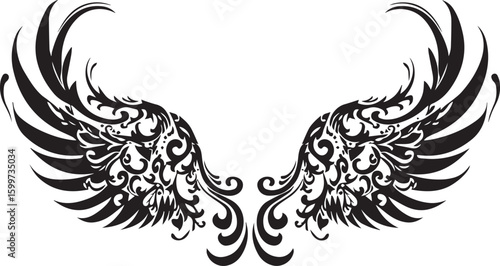Wings tattoo design with tribal and floral black silhouette patterns