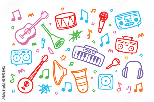 Melody of Instruments: A colorful illustration showcases a vibrant medley of musical instruments, set against a playful backdrop of musical notes and expressive symbols