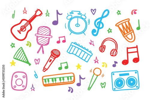 Harmony of Melody: A vibrant doodle illustration showcasing a symphony of musical elements. capturing the rhythmic heart of music and artistic flair.