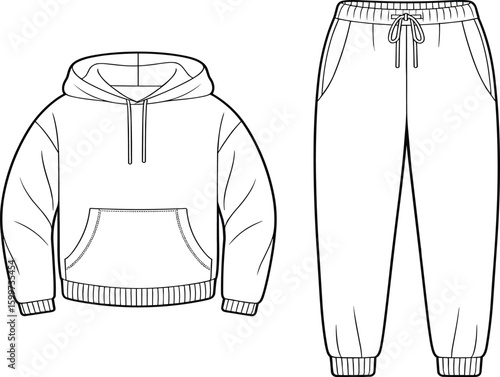 Hoodie and jogger sweatpants front flat sketch, fashion technical drawing with drawstring, ribbed cuffs, pocket design for apparel template