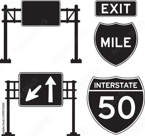Interstate highway signs with directional arrows and exit information