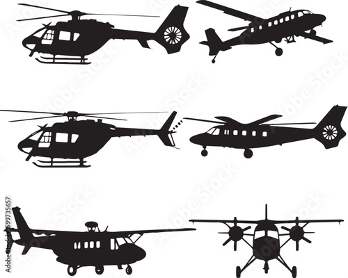 Helicopter and airplane silhouettes aircraft aviation