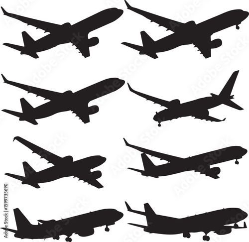 Jet airplanes in various flight positions aircraft