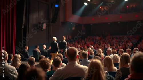 A blurred view of an audience in a theater, eagerly awaiting a captivating stage performance