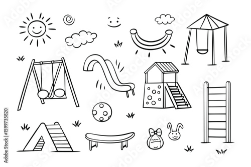 Playground Doodles: An illustrated array of playground equipment, embodying the spirit of childhood joy and outdoor recreation. A whimsical illustration with a hand-drawn style.